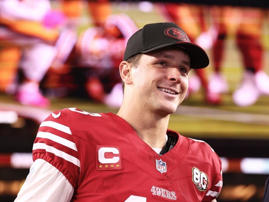 San Francisco 49ers quarterback Brock Purdy smiles after an NFL football game against the Washington Commanders in Santa Clara, Calif., Monday, Oct. 19, 2026.