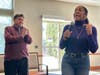 Joined by Illinois Gov. JB Pritzker, left, Lt. Gov. Juliana Stratton, who is running for an open U.S. Senate seat, speaks to residents at the Montclare Senior Residences last week.