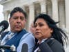 Beatriz Gonzalez, right, the mother of 23-year-old Nohemi Gonzalez, a student killed in the Paris terrorist attacks, and stepfather Jose Hernandez, speak Tuesday outside the Supreme Court, where a lawsuit against YouTube from the family was argued.