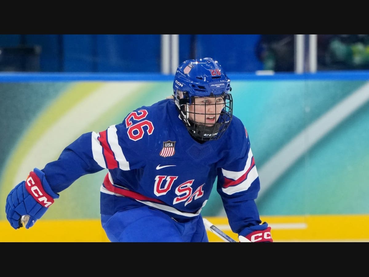 United States' Kendall Coyne skates to the bench after scoring her second goal of a women's ice hockey quarterfinal match against Italy at the 2026 Winter Olympics, in Milan, Italy, Friday, Feb. 13, 2026.