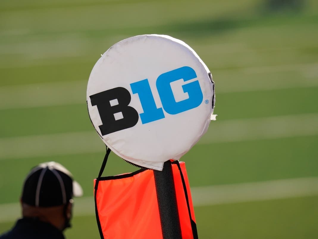 A Big Ten logo tops a yardage marker during the first half of an NCAA college football game between Iowa and Northwestern, Oct. 31, 2020, in Iowa City, Iowa. 