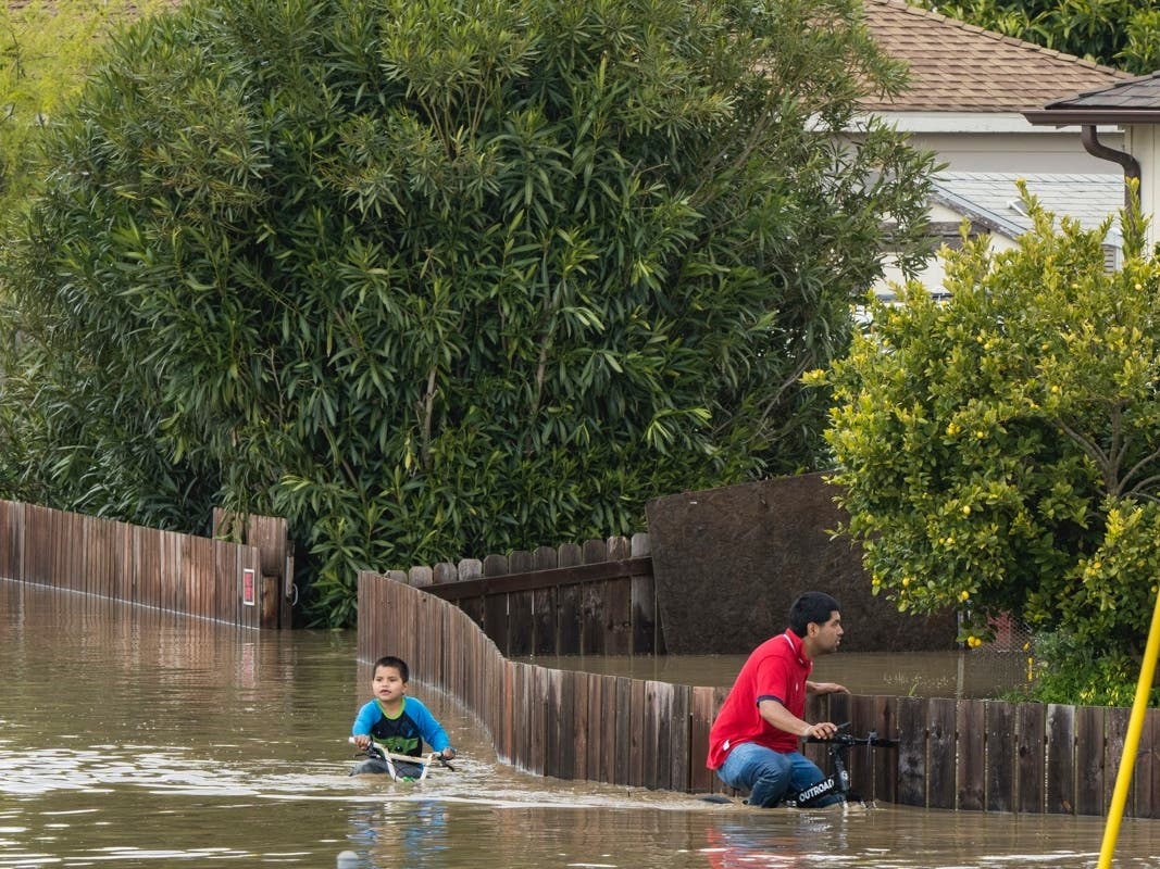 A boy and a man ride bicycles through floodwaters in Watsonville, Calif., Saturday, March 11, 2023.