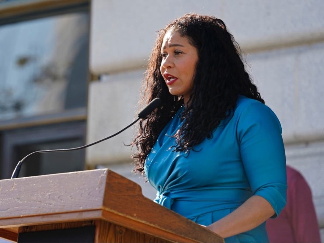 San Francisco Mayor London Breed talks during a briefing outside City Hall in San Francisco on Dec. 1, 2021.