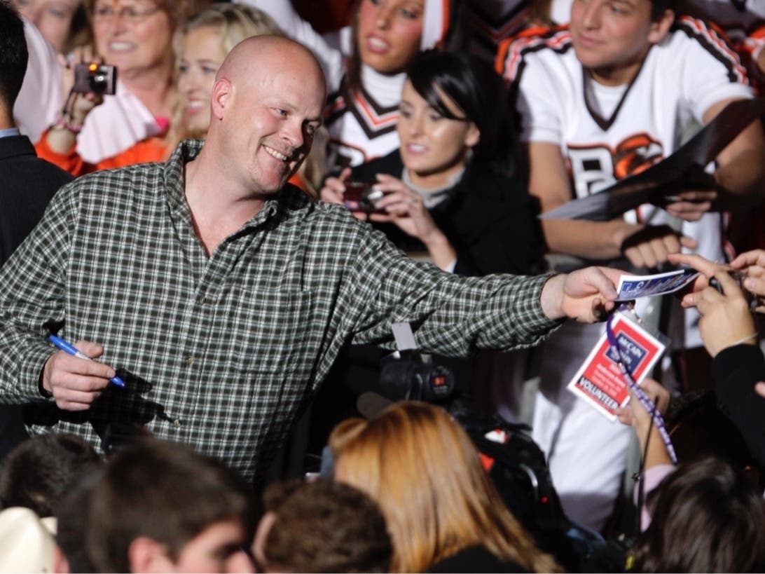Joe Wurzelbacher, also known as "Joe the Plumber," signs autographs after appearing at a rally with Republican vice presidential candidate, Alaska Gov. Sarah Palin, at Bowling Green University in Bowling Green, Ohio, Oct. 29, 2008.