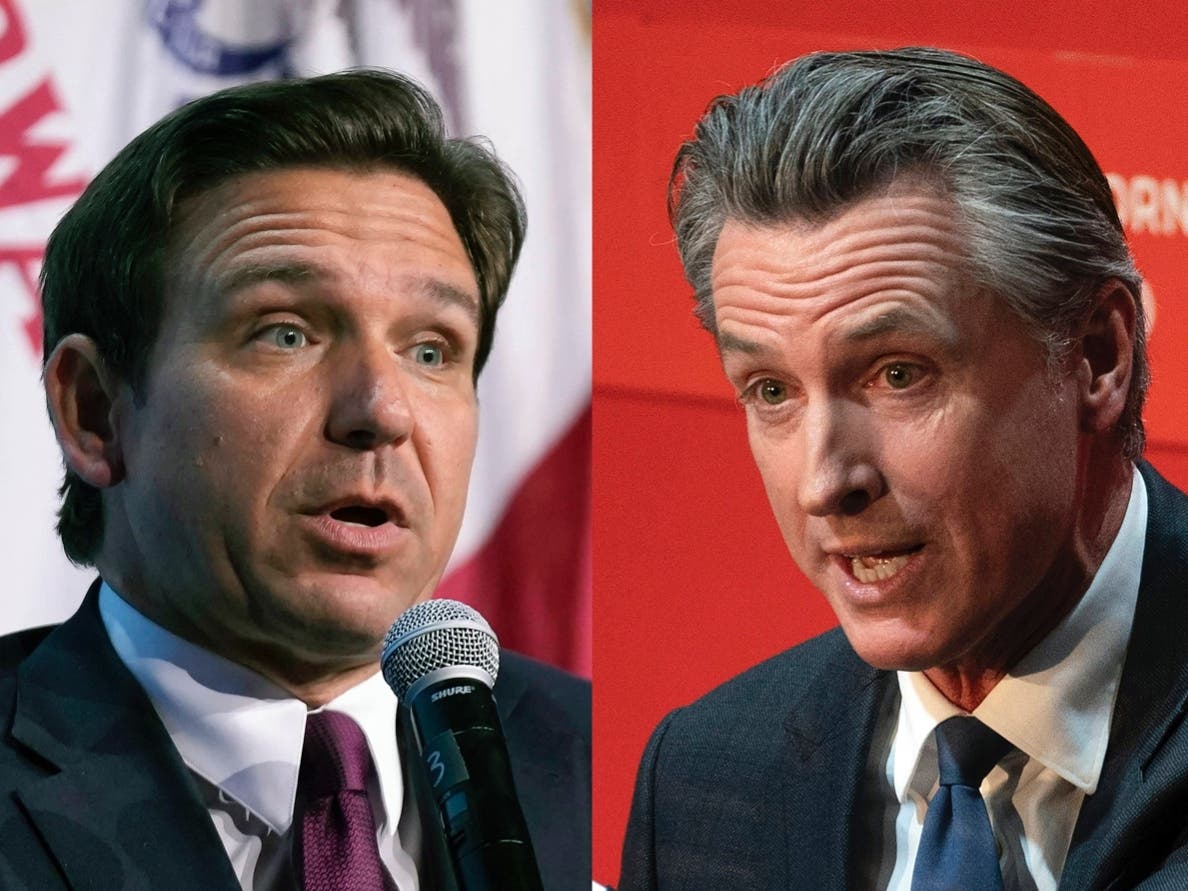 In this combination of photos, Republican presidential candidate Florida Gov. Ron DeSantis speaks on Sept. 16, 2023, in Des Moines, Iowa, at left, and California Gov. Gavin Newsom, speaks on Sept. 12, 2023, in Sacramento, Calif., at right.