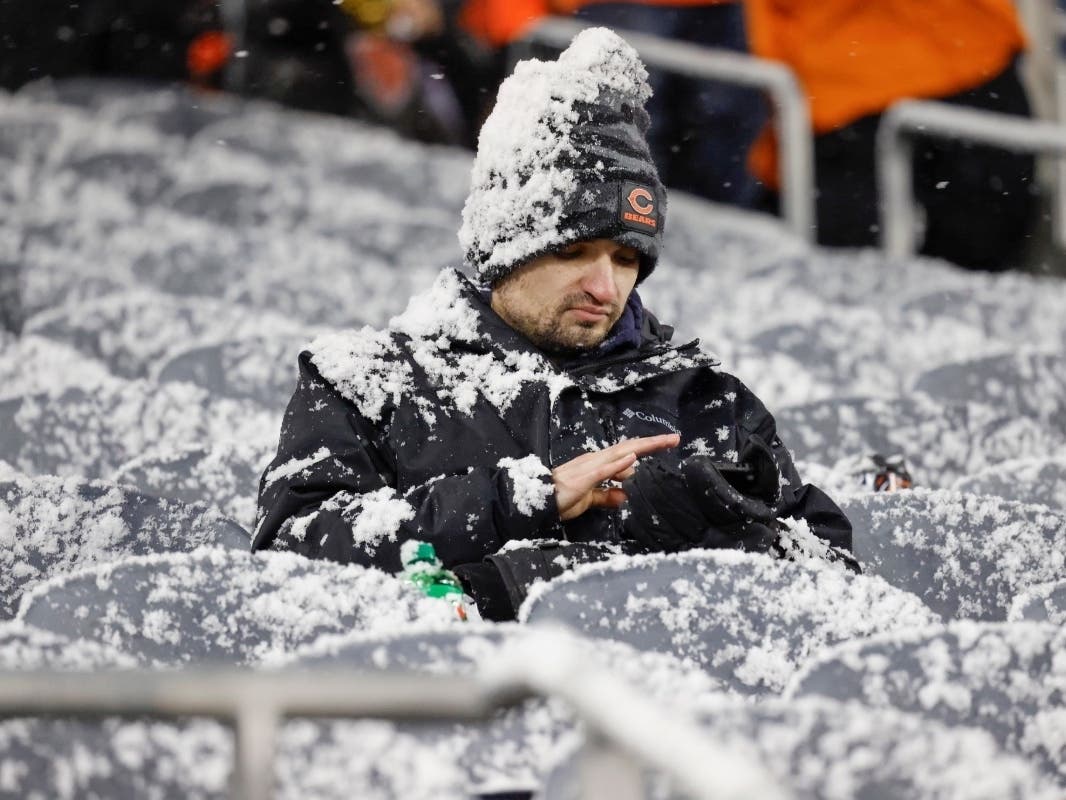 A Chicago Bears fan before a wild-card playoff football game against the Green Bay Packers, Saturday, Jan.10, 2026, in Chicago.