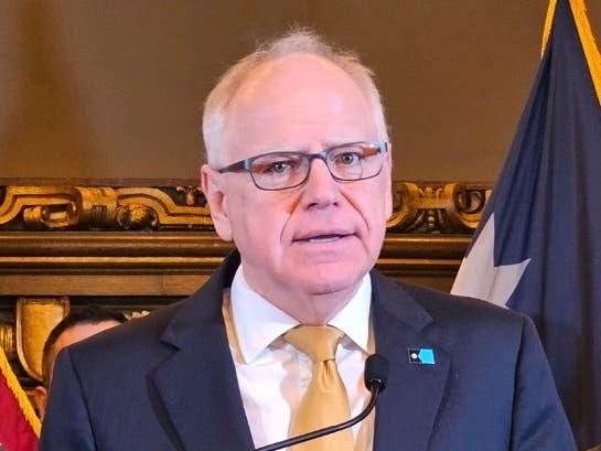 Gov. Tim Walz holds a news conference at the State Capitol in St. Paul, Minn., on Thursday, Feb. 12, 2026.