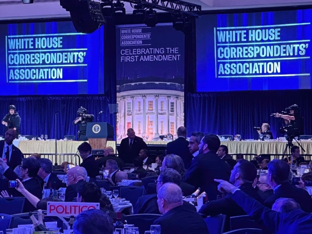 Members of the U.S. Secret Service counter assault team stand on the stage after a shooting incident outside the ballroom during the White House Correspondents' Dinner, Saturday, April 25, 2026, in Washington.