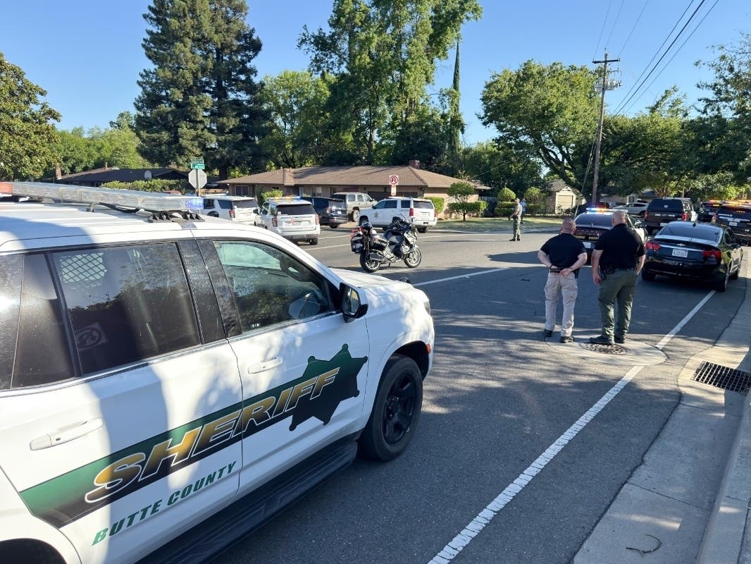 Law enforcement personnel block East First Avenue between Sherman Avenue and Sheridan Avenue following a shooting at the Chico Library, Monday, June 22, 2026 in Chico, Calif.