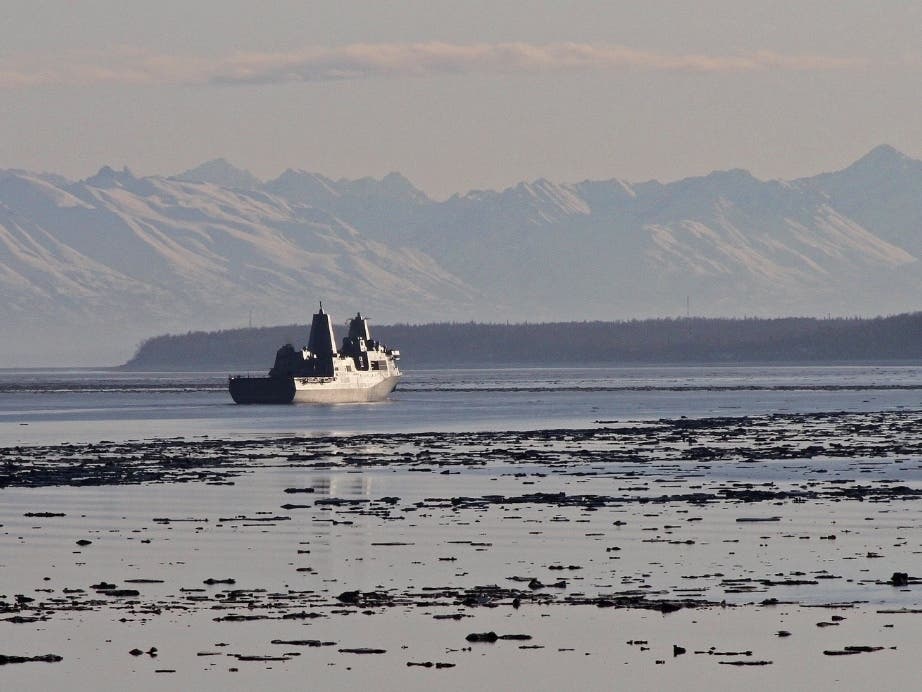 The USS Anchorage, an amphibious transport dock, makes its way up Alaska's Cook Inlet on Wednesday, May 1, 2013.