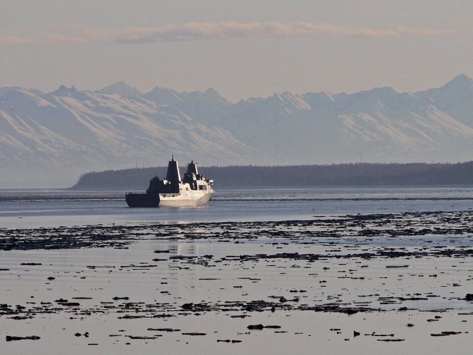 The USS Anchorage, an amphibious transport dock, makes its way up Alaska's Cook Inlet on Wednesday, May 1, 2013.