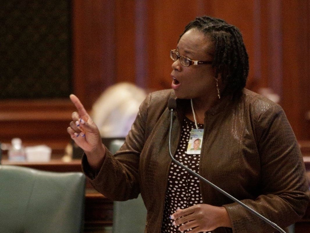 Illinois Rep. Carol Ammons, D-Champaign, argues legislation while on the House floor during session at the Illinois State Capitol, Wednesday, May 4, 2016, in Springfield, Ill.