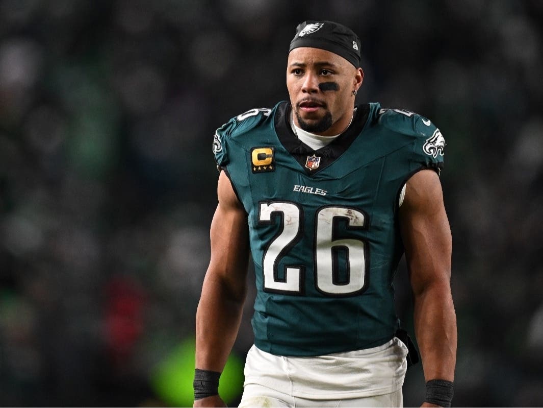 Philadelphia Eagles running back Saquon Barkley (26) walks off the field during halftime or an NFL wild card playoff football game against the San Francisco 49ers, Sunday, Jan. 11, 2026, in Philadelphia.