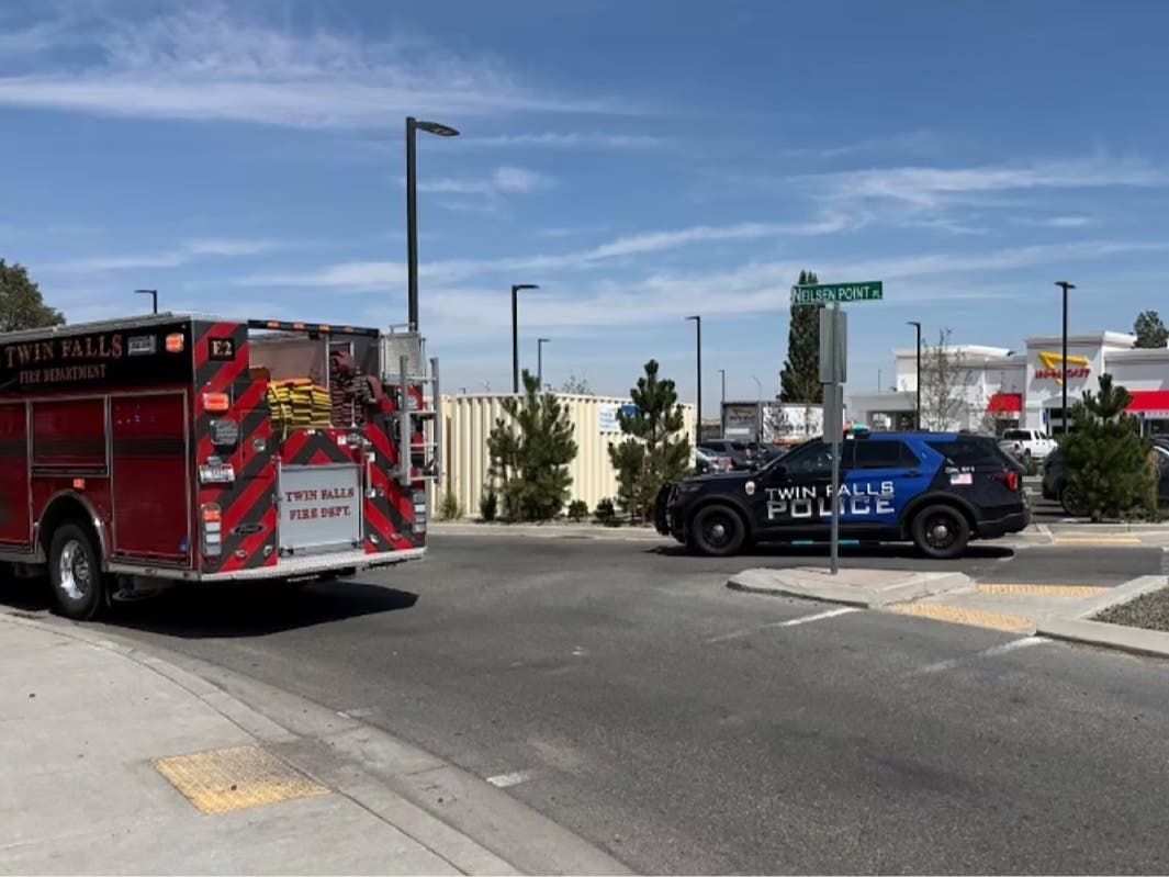 This image provided by KMVT shows the scene of a shooting that started at an In-N-Out Burger restaurant, Saturday, Aug. 1, 2026 in Twin Falls, Idaho.