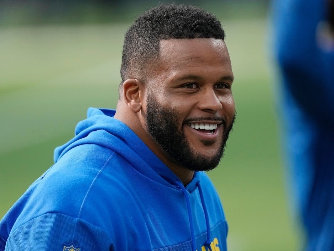 Los Angeles Rams defensive tackle Aaron Donald warms up before an NFL football game against the Cleveland Browns, Dec. 3, 2023, in Inglewood, Calif.