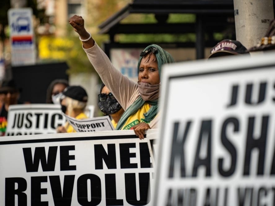 A crowd gathers at a Peoples Organization for Progress rally to protest police brutality at the Peter Rodino Federal Building on August 17, 2020 in Newark, New Jersey.