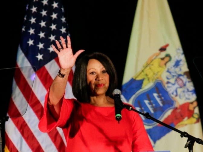 New Jersey Lt. Gov. Sheila Oliver acknowledges supporters at an election night rally for Gov. Phil Murphy on November 7, 2017 in Asbury Park.