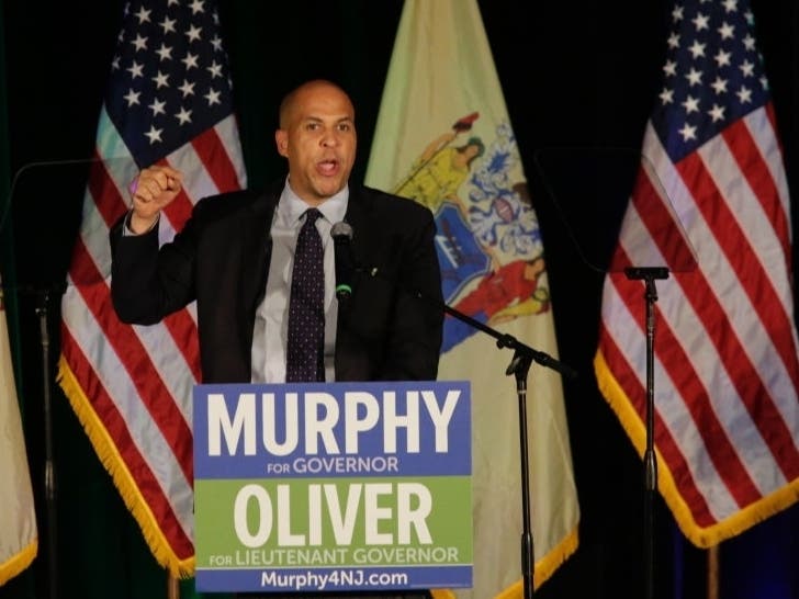 U.S. Sen. Cory Booker speaks to attendees during The new Democratic governor of New Jersey Phill Murphy victory party on November 7, 2017.