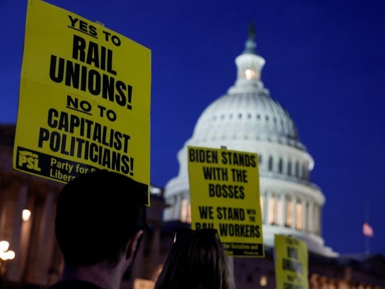 Activists in support of unionized rail workers protest outside the U.S. Capitol Building on November 29, 2022 in Washington D.C.