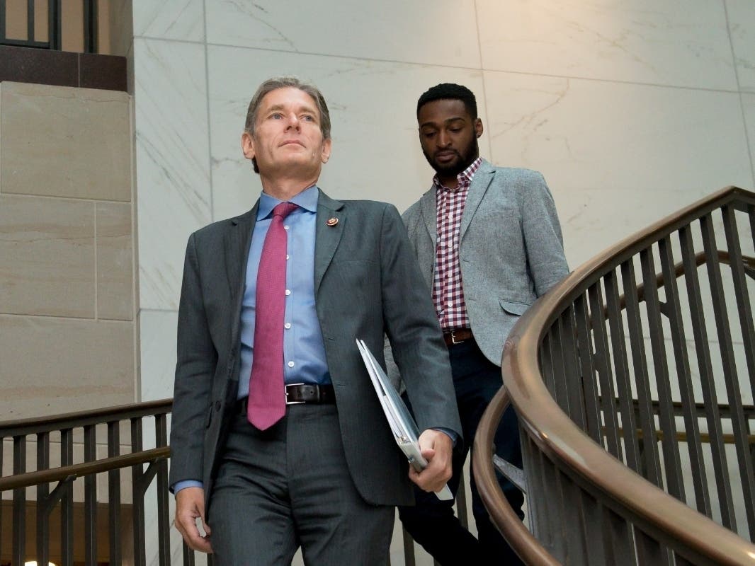 Tom Malinowski, House Foreign Affairs Committee Member walks down the spiral staircase in the basement of the U.S. Capitol in 2019 in Washington, DC.