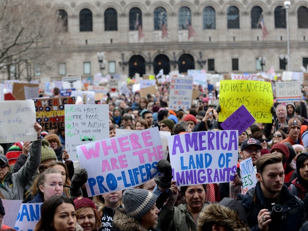 Protestors in Copley Square after the muslim immigration ban enacted by President Trump in 2017.