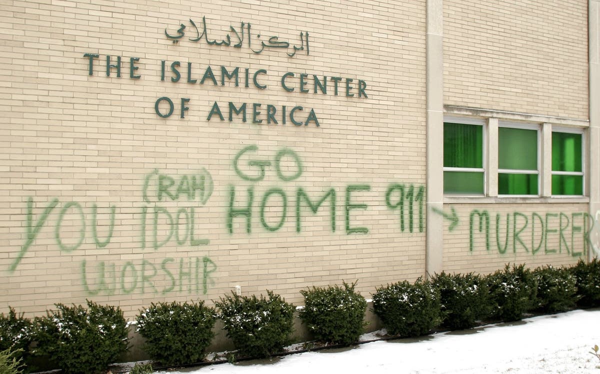 Anti-Muslim graffiti defaces a Shia mosque at the Islamic Center of America January 23, 2007 in Dearborn, Michigan.