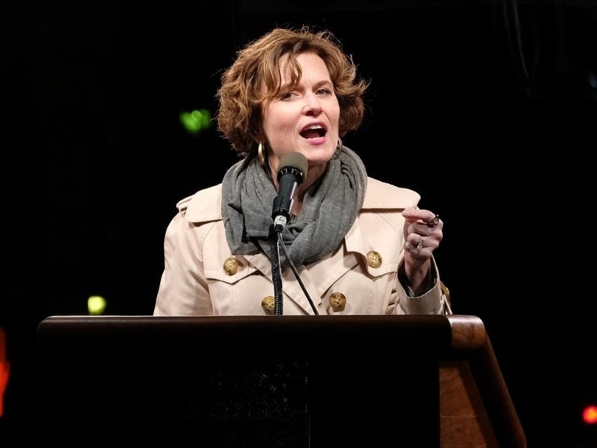 Betsy Hodges speaks onstage during the We Stand United NYC Rally outside Trump International Hotel & Tower on January 19, 2017 in New York City.