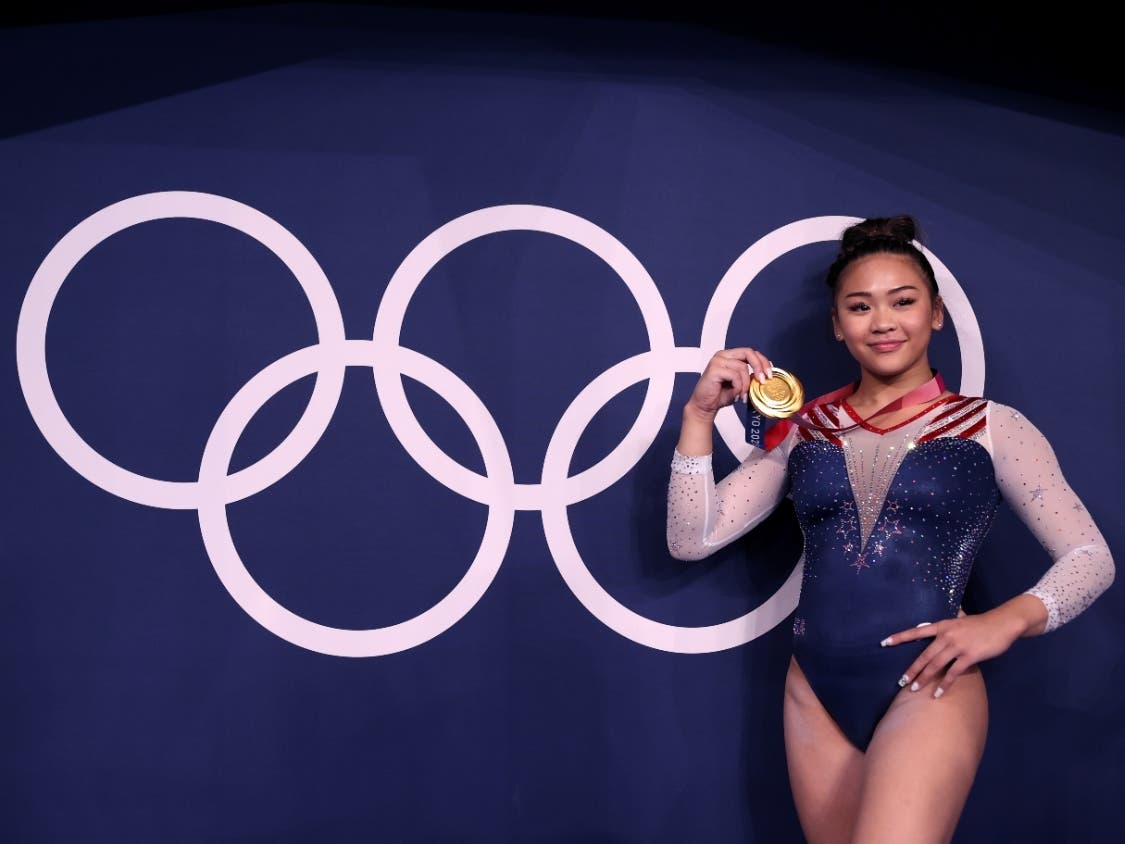 Sunisa Lee of Team United States poses with her gold medal after winning the Women's All-Around Final on day six of the Tokyo 2020 Olympic Games at Ariake Gymnastics Centre on July 29, 2021 in Tokyo, Japan.