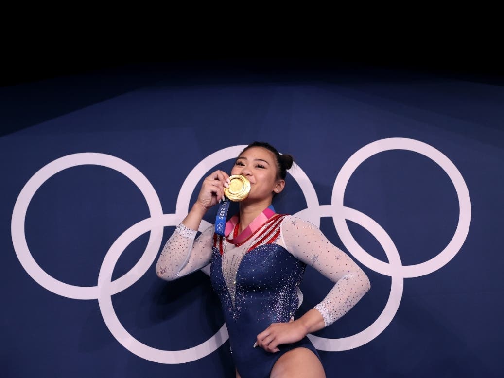 Sunisa Lee of Team United States poses with her gold medal after winning the Women's All-Around Final on day six of the Tokyo 2020 Olympic Games at Ariake Gymnastics Centre on July 29, 2021, in Tokyo, Japan.