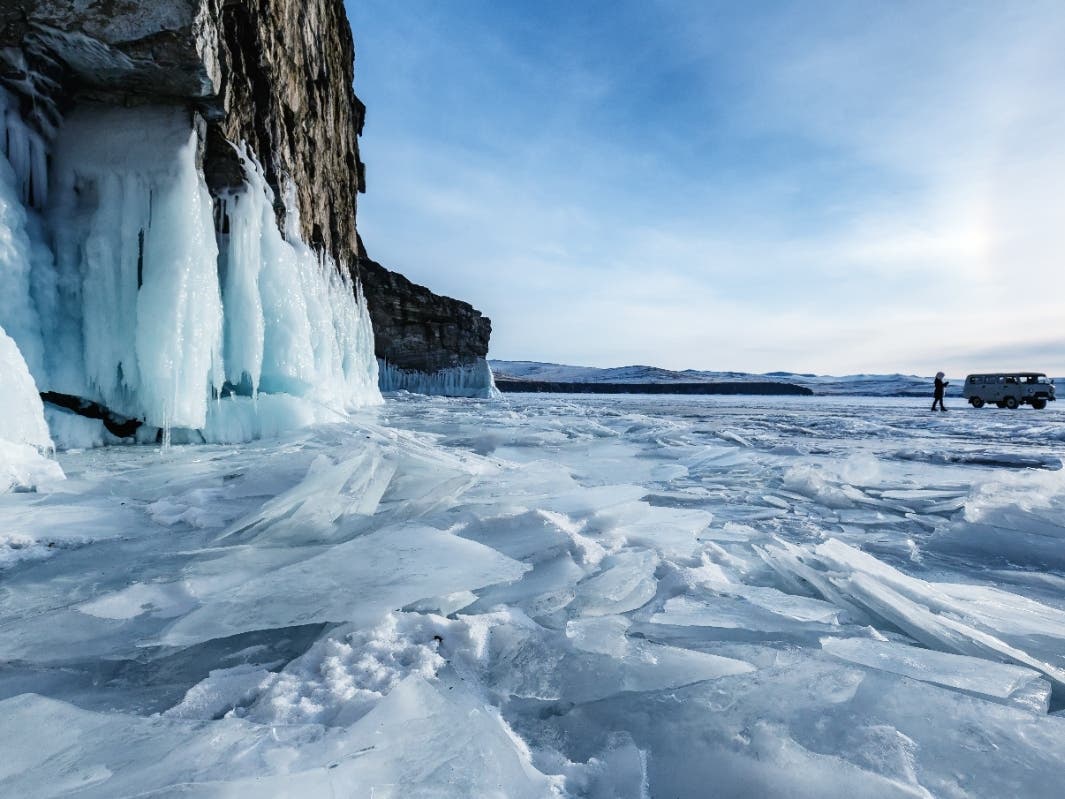 The ice of Lake Baikal in Siberia, Russia.