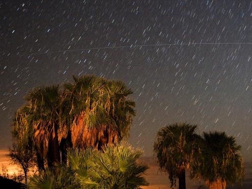 Perseid meteors fall as a satellite passes across the sky early August 12, 2008 near Rogers Spring in the Lake Mead National Recreation Area, Nevada. The meteor display, known as the Perseid shower because it appears to radiate from the constellation.
