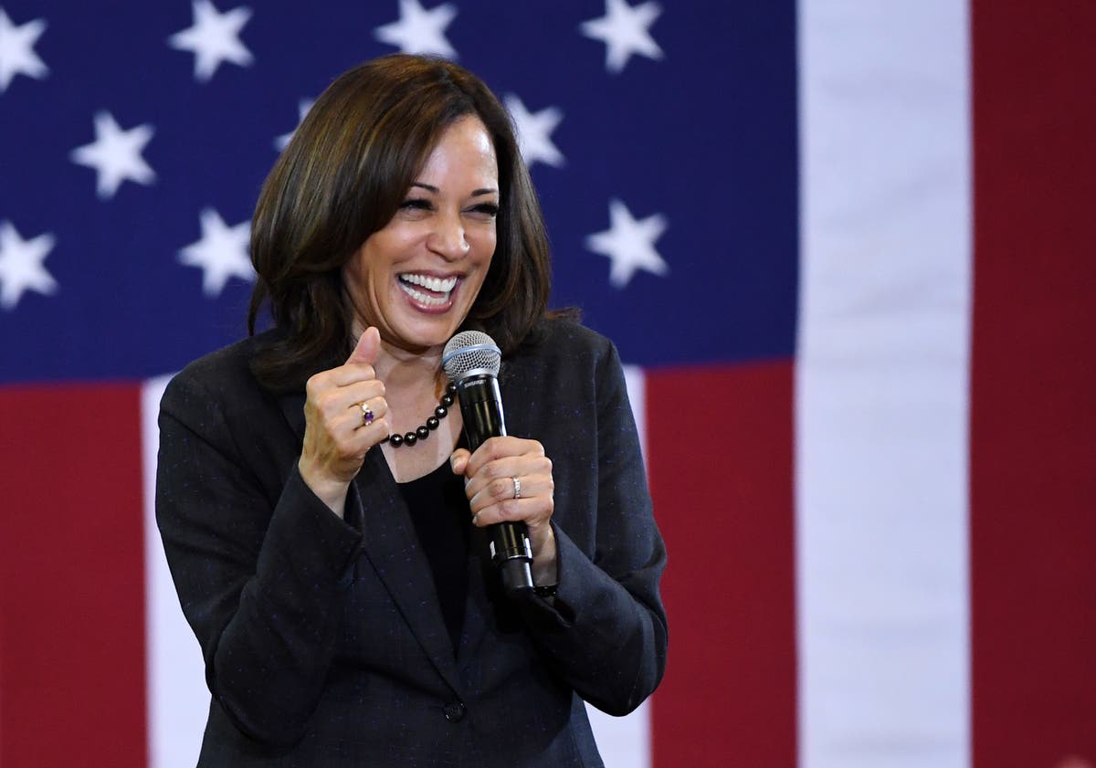 Harris speaks during a town hall meeting at Canyon Springs High School in Nevada. 