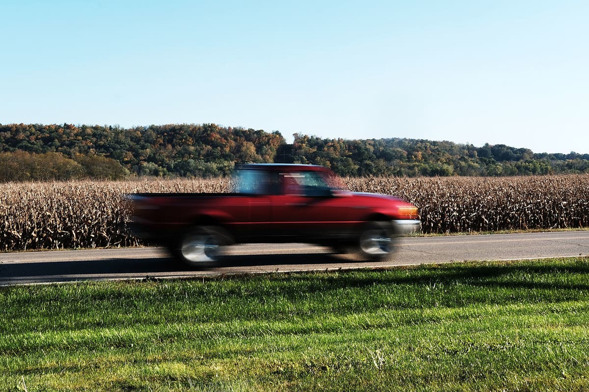 A truck drives down a Coshocton, Ohio road. 