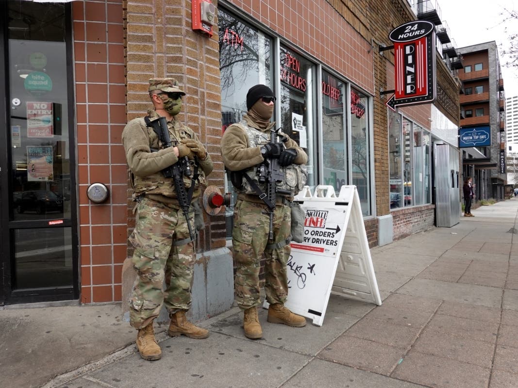 National guard soldier are posted on a street corner near downtown as the city prepares for reaction to the verdict in the Derek Chauvin trial on April 15, 2021 in Minneapolis, Minnesota.