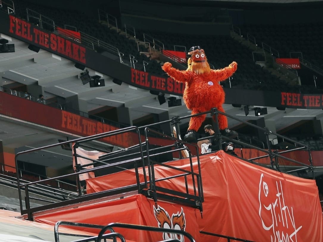 Gritty celebrates a Philadelphia Flyers goal against the Boston Bruins at Wells Fargo Center on February 03, 2021 in Philadelphia, Pennsylvania.