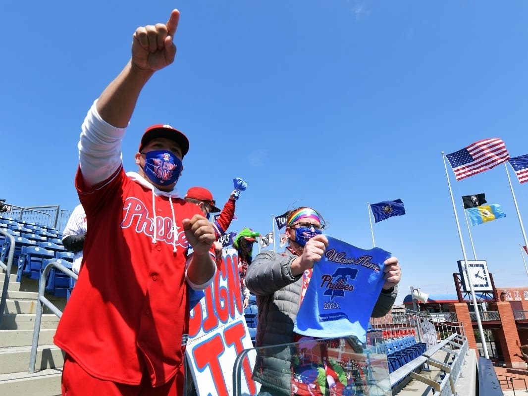 Fans known as the Phandemic Krew are the first to their seats before the game between the Atlanta Braves and Philadelphia Phillies on Opening Day at Citizens Bank Park on April 1, 2021 in Philadelphia, Pennsylvania.