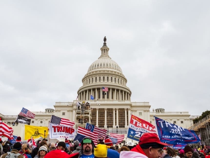 A group of pro-Trump protesters raise signs and flags on the grounds of the Capitol Building on Jan . 6, 2021, in Washington, DC. A pro-Trump mob stormed the Capitol that day, breaking windows and clashing with police officers. 