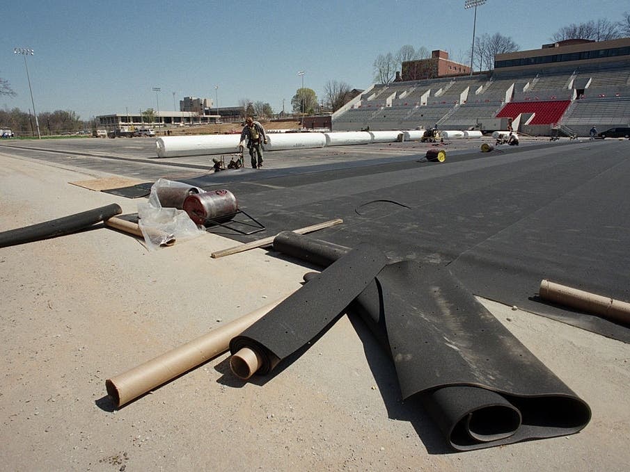 An artificial turf surface being installed at Clark University in Worcester. 