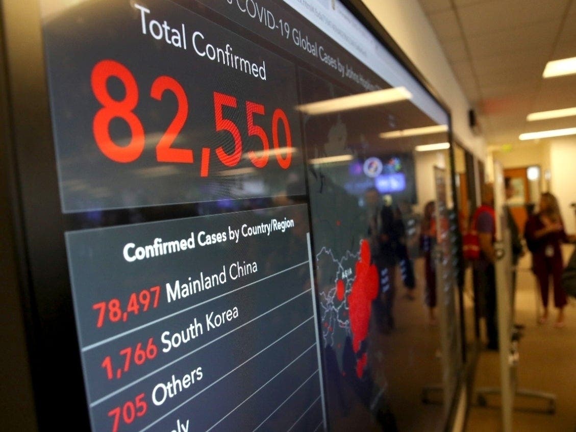 A video monitor displays the number of COVID-19 coronavirus cases around the world as of March 4, 2020. 