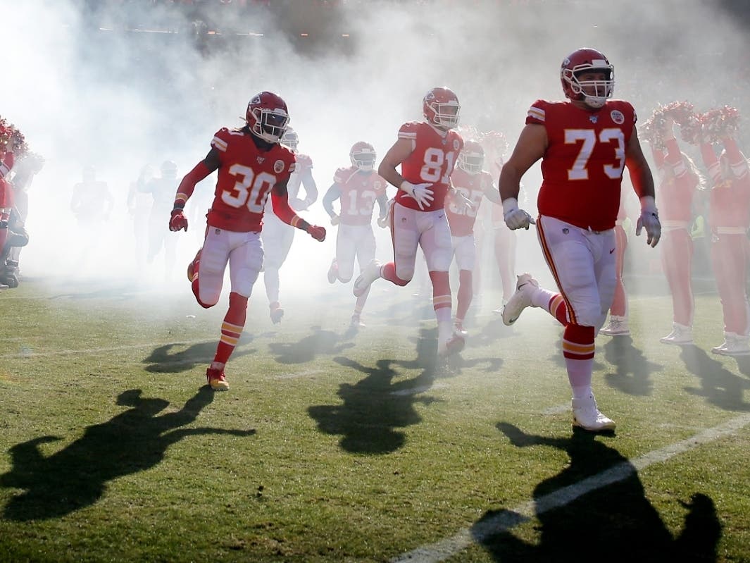 The Kansas City Chiefs take the field before the AFC Championship Game against the Tennessee Titans at Arrowhead Stadium on January 19, 2020 in Kansas City, Missouri. 