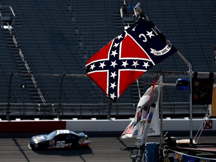 A view of the Confederate flag seen flying over the infield during practice for the NASCAR XFINITY Series VFW Sport Clips Help A Hero 200 at Darlington Raceway in 2015 in Darlington, South Carolina.