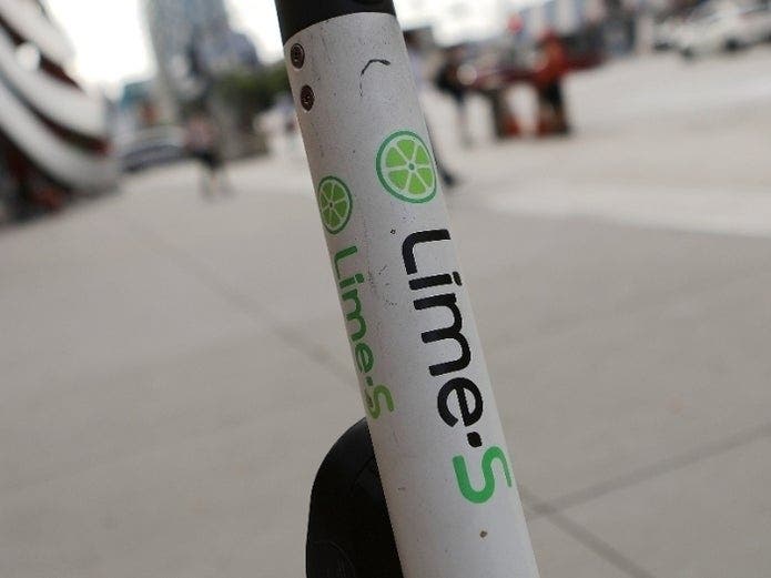 A Lime dockless electric scooter.