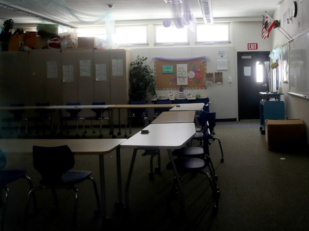 A classroom sits empty at Kent Middle School on April 01, 2020 in Kentfield, California.