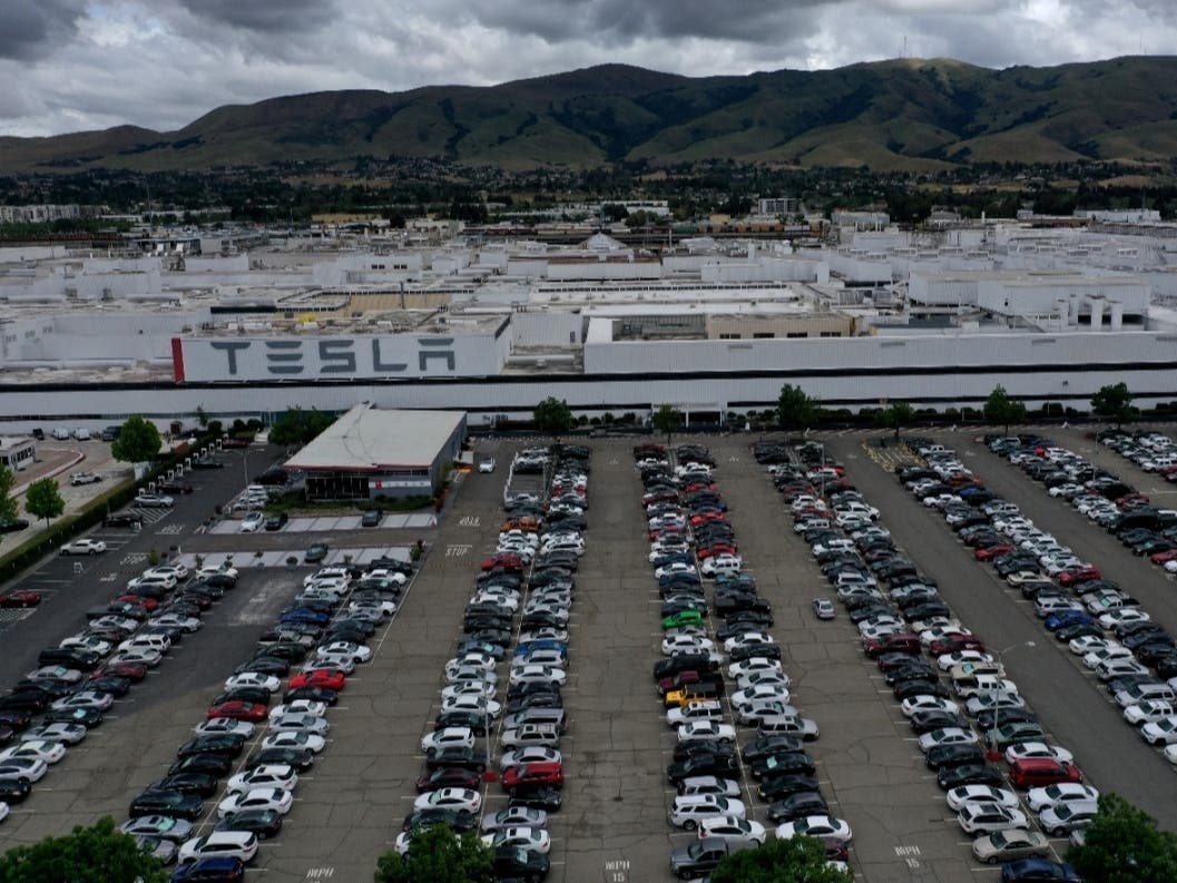 An aerial view of the Tesla Fremont Factory on May 12, 2020 in Fremont.