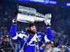 Pat Maroon of the Tampa Bay Lightning hoists the Stanley Cup on Wednesday night after the 1-0 victory against the Montreal Canadiens in Game 5 to win the 2021 NHL Stanley Cup at Amalie Arena. 