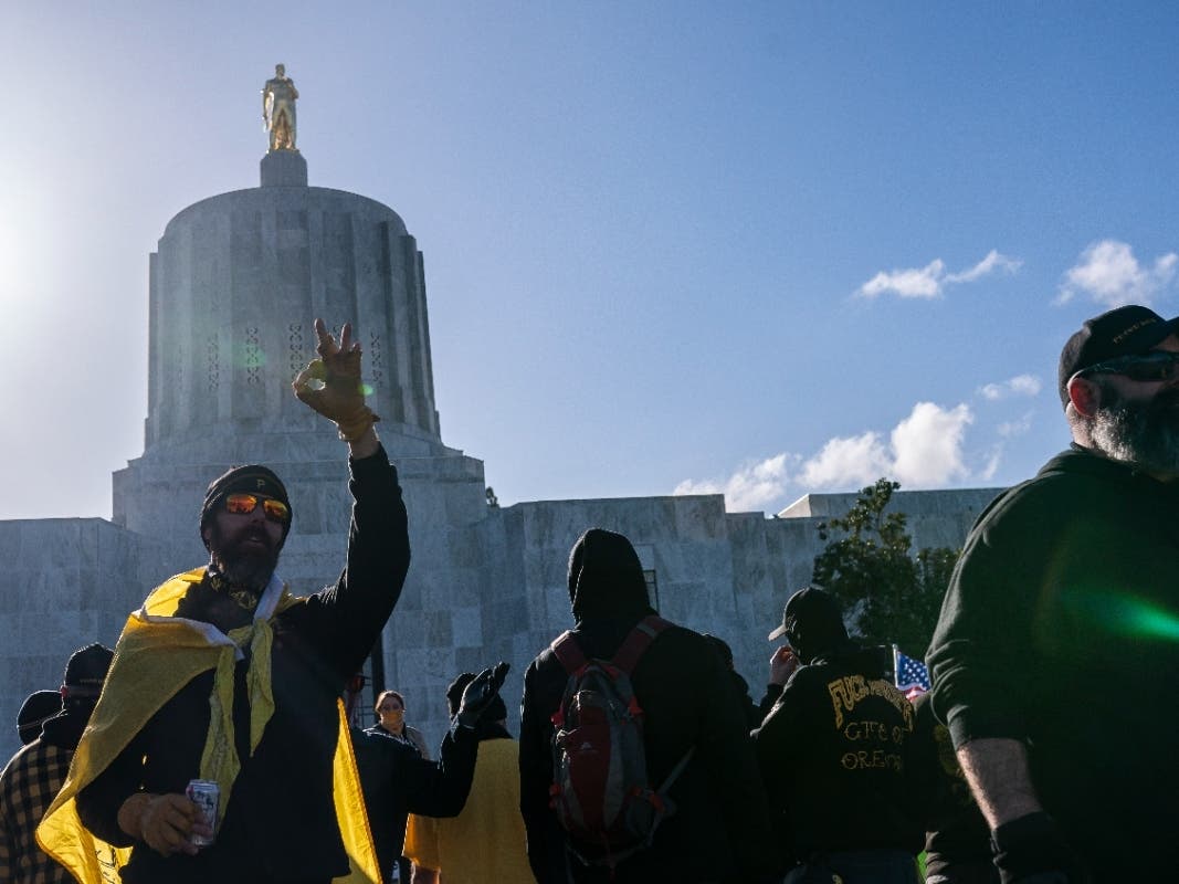 Proud Boys gather in front of the Oregon state capitol on Jan. 8 during a protest in support of the Jan. 6, 2021, attack on the U.S. Capitol. The Proud Boy organization in Oregon has long been supportive of those arrested in the Jan. 6 riot.
