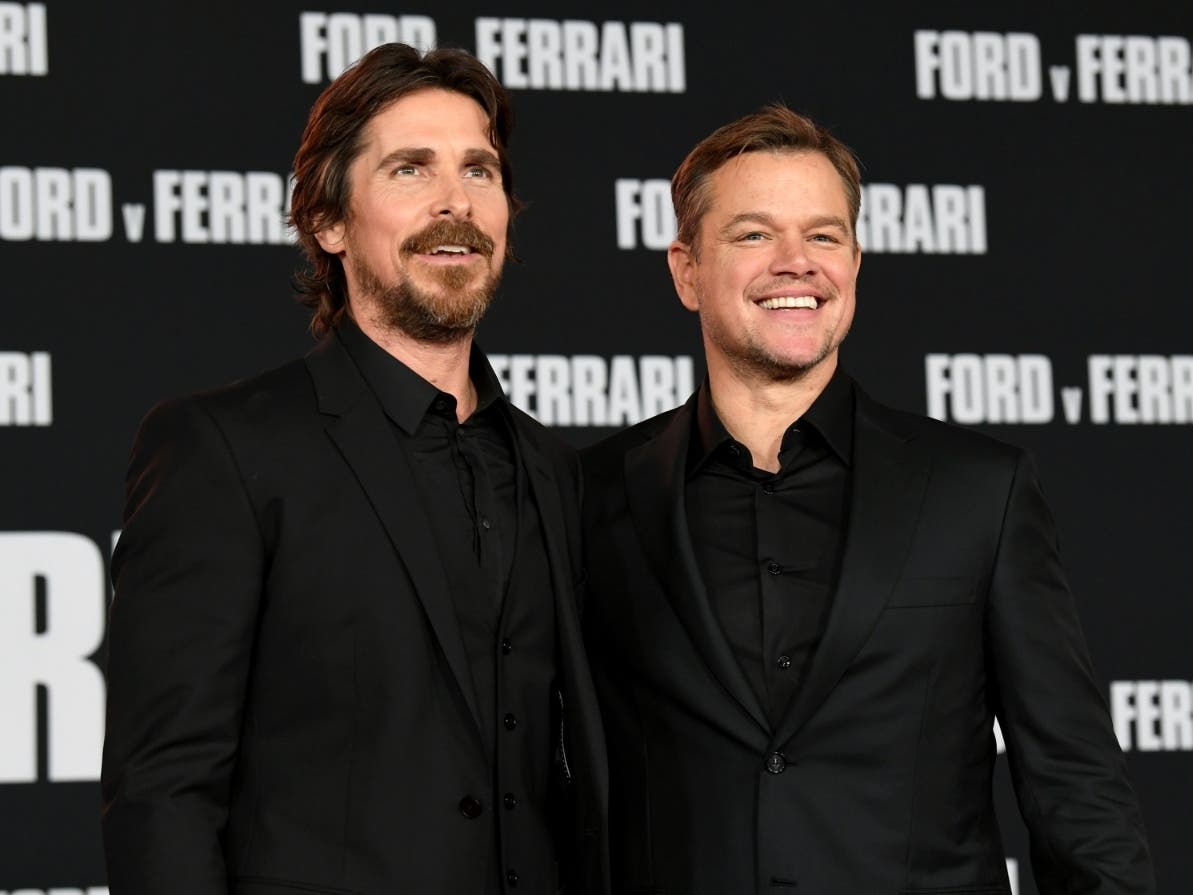 Christian Bale (L) and Matt Damon arrive at the premiere of Fox's "Ford V Ferrari" at the TCL Chinese Theatre on November 04, 2019 in Hollywood, California.