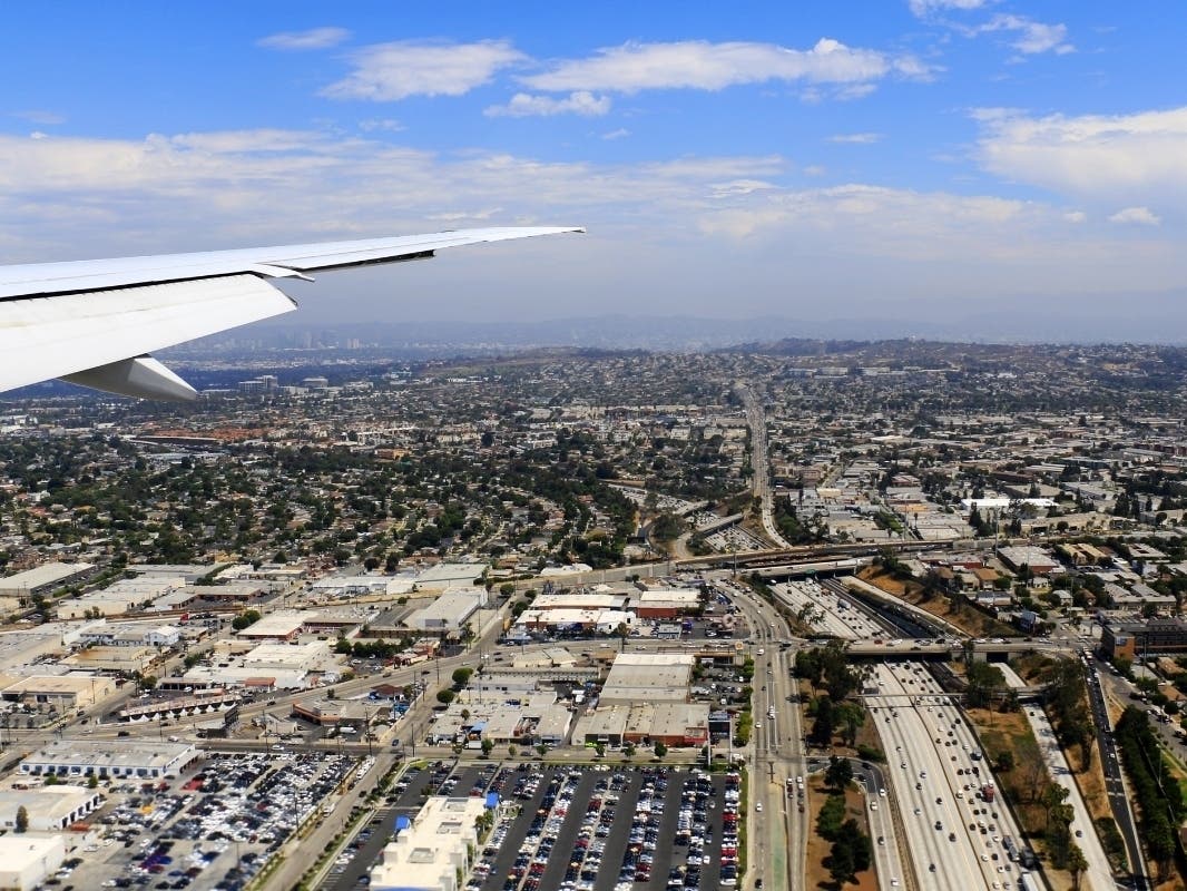 An arial photo shows La Cienega Boulevard near Interstate 405. All lanes of La Cienega​ from Stocker Street and Obama Boulevard​ will close over the next three weekends.