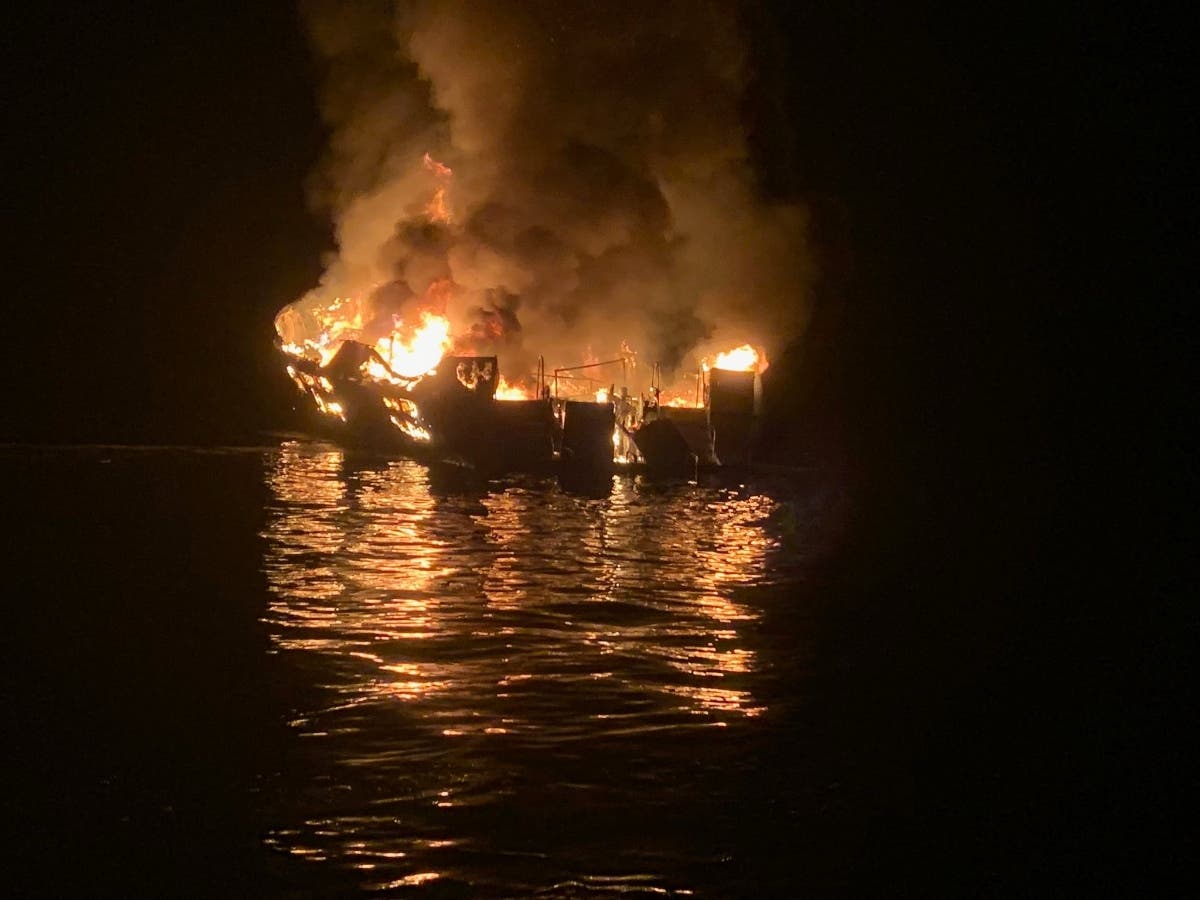 The 75-foot Conception, based in Santa Barbara Harbor, burns after catching fire early September 2, 2019 anchored off Santa Cruz Island, California. 