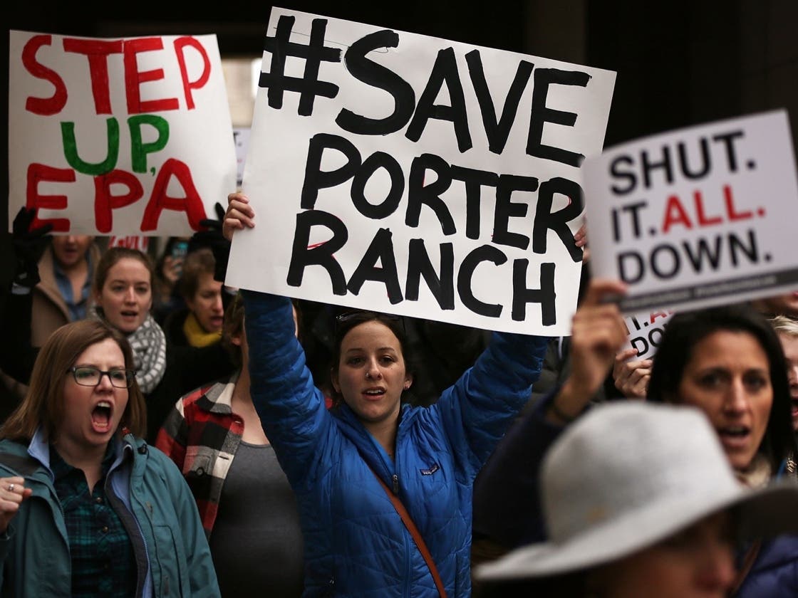 Activists demonstrate in outside the Environmental Protection Agency in 2016 calling on the EPA to shut down the Aliso Canyon storage facility. 